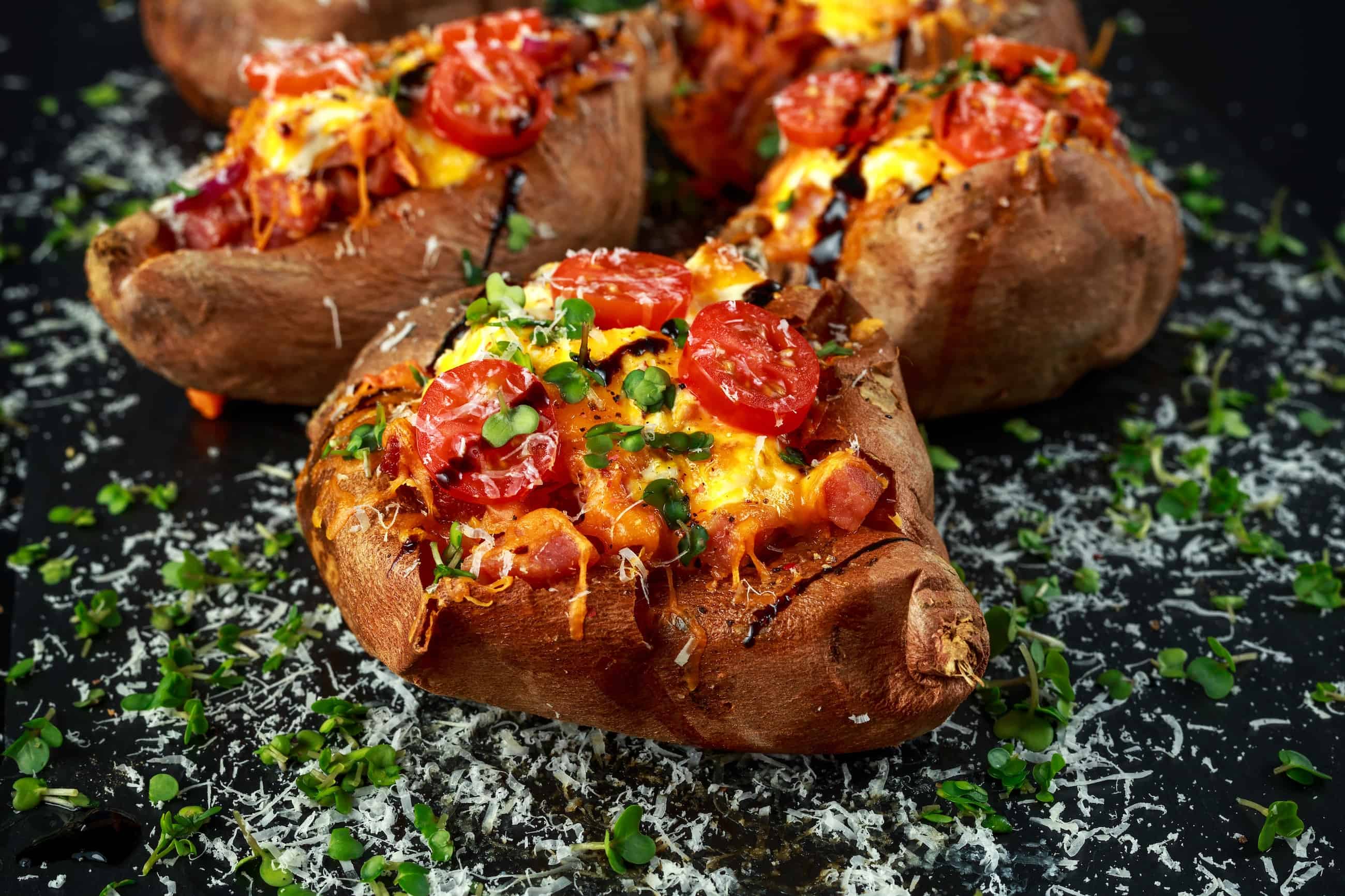 Bacon, tomato and cheese stuffed jacket sweet potato Recipe